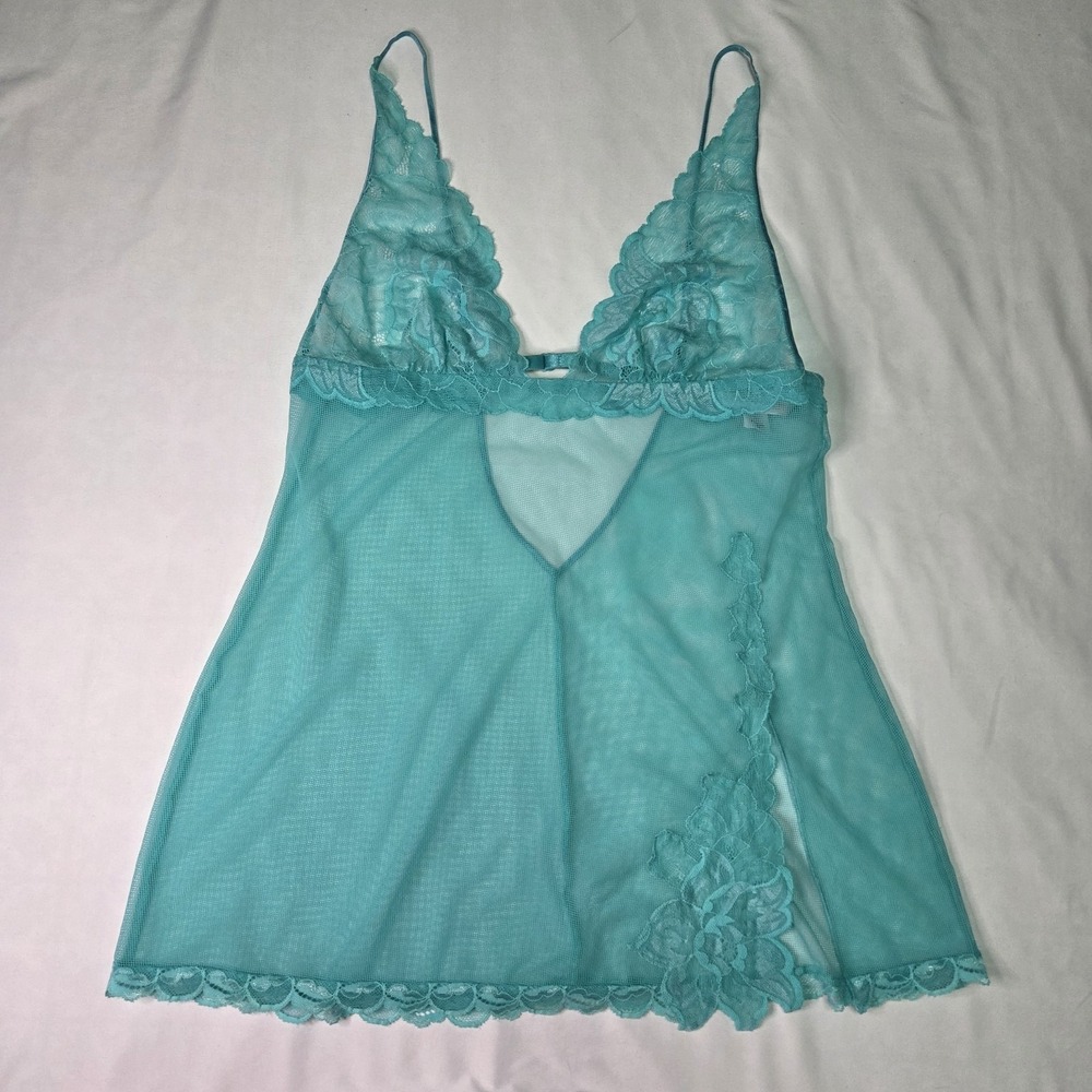 Victoria's Secret Vtg Lace Mesh MD Turquoise Babydoll Chemise Slip Lingerie y2k